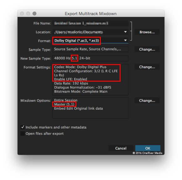 The default settings in Adobe Audition's export window shows the AC-3 options marked in red.