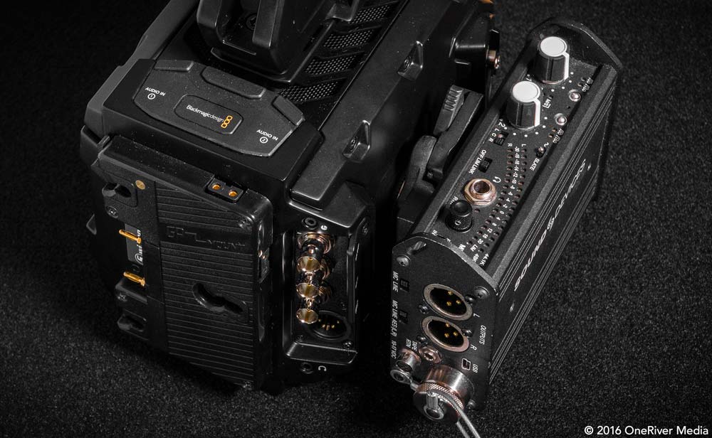 Sound Devices Mix Pre-D mounted snuggly to the URSA Mini 4.6K.